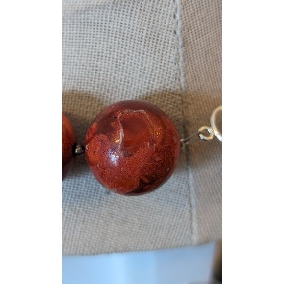 Genuine Coral Marbled Red 20 Bead Statement Necklace w/ Sterling Toggle Clasp - Picture 5 of 15